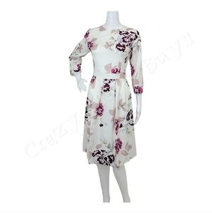 NWOT A-line Cream, Pink, Burgundy, Tan Satiny Floral Dress, 3/4 Sleeve, Small